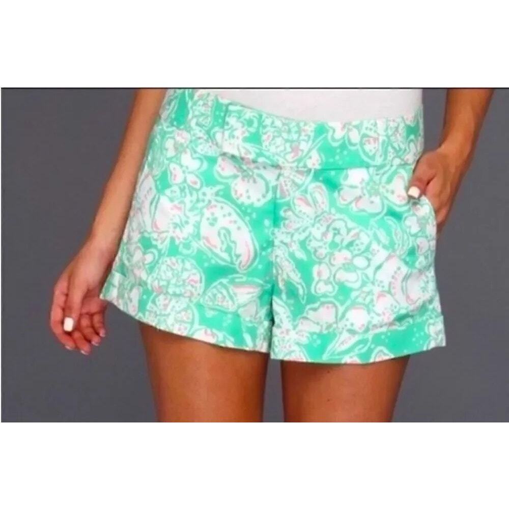 Lilly Pulitzer Barclay Green White Pink 3" 100% Cotton Shorts Women's Size 4 
